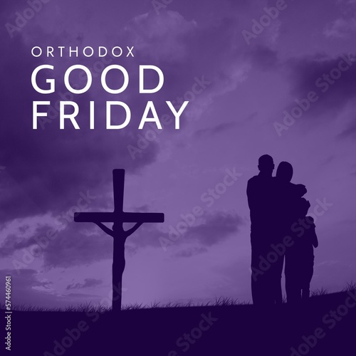 Composite of orthodox good friday text over silhouette people praying to crucifix against cloudy sky