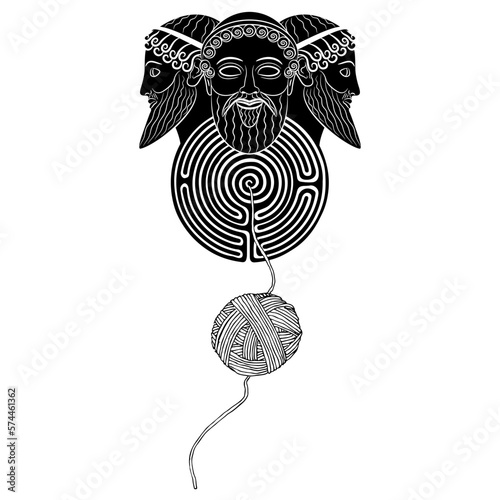 Patriarchal triad on a round spiral maze or labyrinth symbol and a yarn ball. Three heads of bearded ancient Greek gods. Creative mythological concept. Ariadne thread. Black and white silhouette.