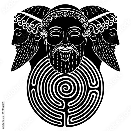 Patriarchal triad and a round spiral maze or labyrinth symbol. Three heads of bearded ancient Greek gods. Zeus, Poseidon and Hades. Trimurti. Creative mythological concept. Black and white silhouette.