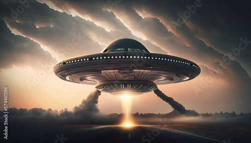 Flying saucer flies over highways and in the desert. Invasion of extraterrestrial intelligence on an intergalactic ship. Alien abduction. Created with Generative AI.