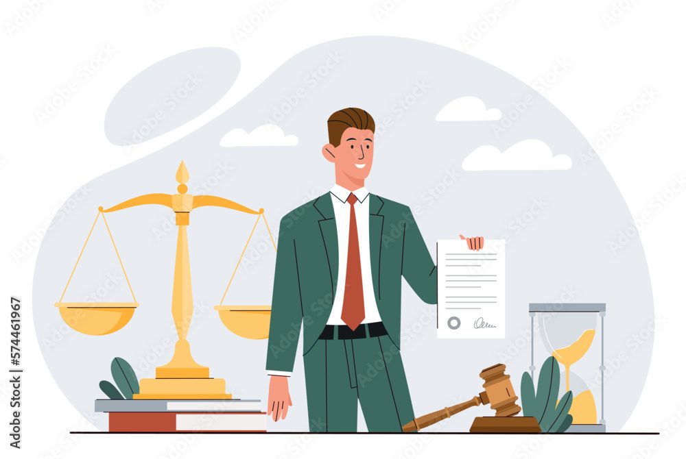 Professional lawyer concept. Man with document and judges gavel against