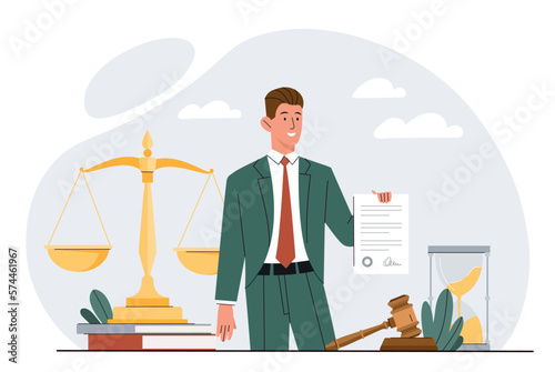 Professional lawyer concept. Man with document and judges gavel against background of golden scales. Justice and law, specialist. Legal service and authority. Cartoon flat vector illustration