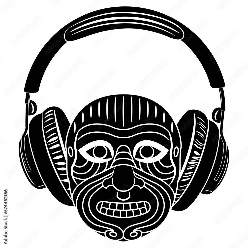 Mask of Mesopotamian demon Humbaba wearing headphones. Wrinkled scary face listening to music. Creative funny concept. Black and white silhouette. Mask of Mesopotamian demon Humbaba wearing headphones. Wrinkled scary face listening to music. Creative funny concept. Black and white silhouette.