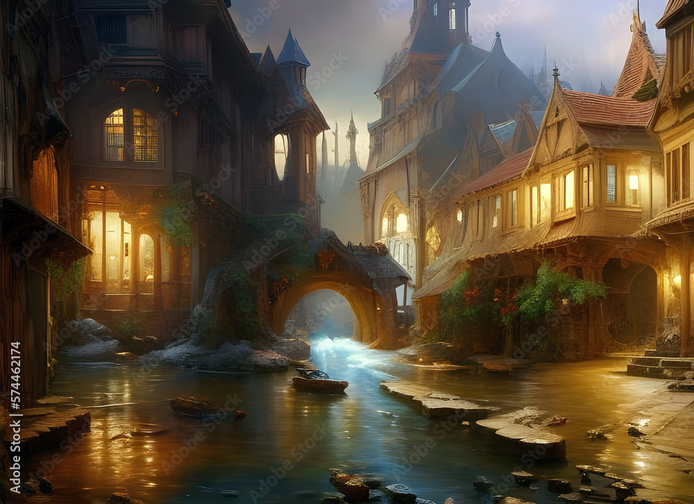 fantasy storybook type illustration of a medieval town at night with ancient buildings illuminated by lights surrounding a river. generative ai illustration