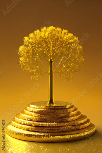 A golden money tree rising from golden coins, symbolizing wealth growth and business success. Investment, success, abundance concept created with generative AI.