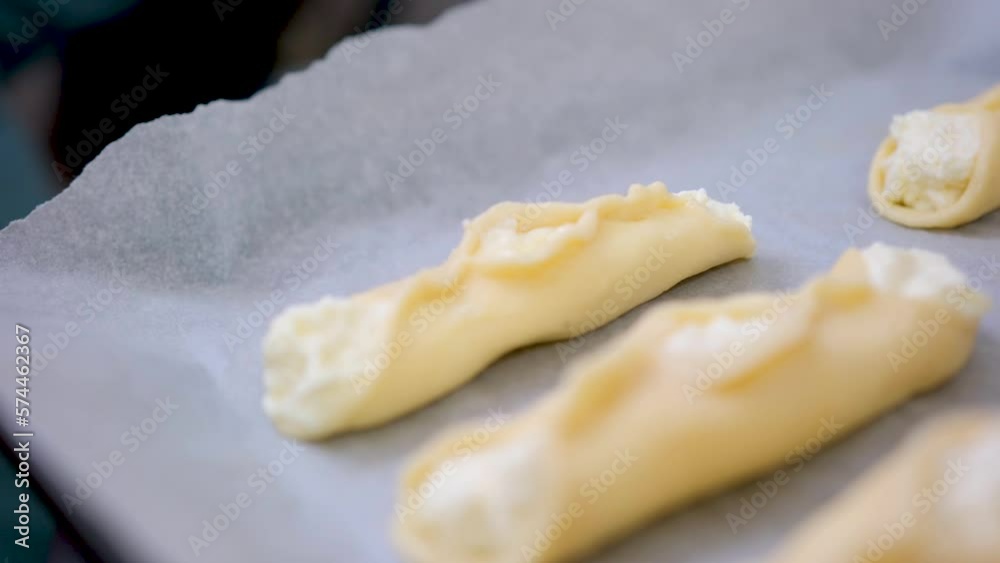 female hands of an adult woman lay out ready-made unbaked pies just made with cottage cheese on baking sheet parchment white paper homemade handmade cooking delicious food sweets pastries female hands of an adult woman lay out ready-made unbaked pies just made with cottage cheese on baking sheet parchment white paper homemade handmade cooking delicious food sweets pastries