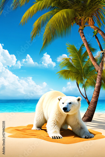 Polar bear resting on beach in the tropics. Wildlife, conservation, summer concept created with generative AI.