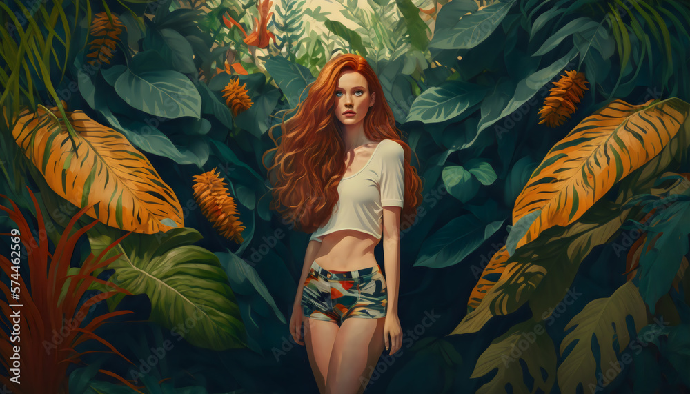 A lady with red hair standing in front of lush tropical plants, generative AI A lady with red hair standing in front of lush tropical plants, generative AI