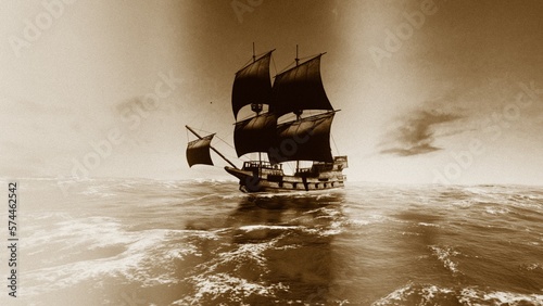 Retro, antique, stylized sepia illustration. Ancient pirate ship with tattered sails sailing the ocean. Concept of a pirate adventure. 3D render.