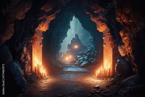 Cave entrance with fire torches, cave interior, Generative AI