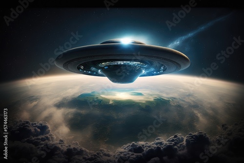 Flying saucer approaching Earth, alien ship arriving on planet earth, Generative AI 