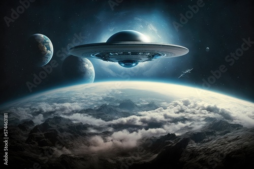 Flying saucer approaching Earth, alien ship arriving on planet earth, Generative AI 