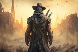 Gunslinger in post apocalyptic desert city, Survivor looking at destroyed city after apocalypse, Generative AI