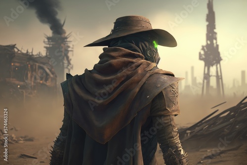 Gunslinger in post apocalyptic desert city, Survivor looking at destroyed city after apocalypse, Generative AI photo