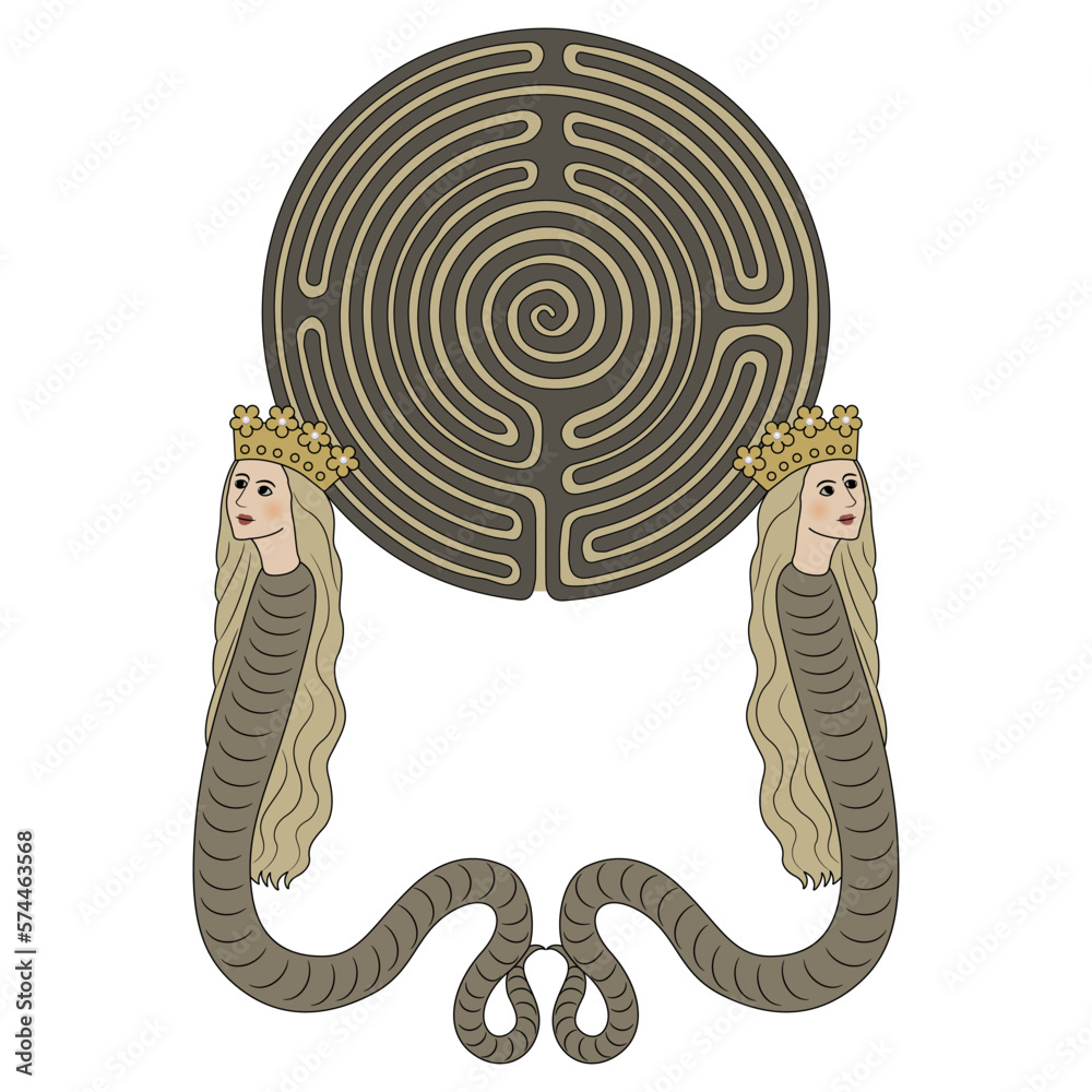 Vetor de Symmetrical design with two fantastic female snakes in royal ...