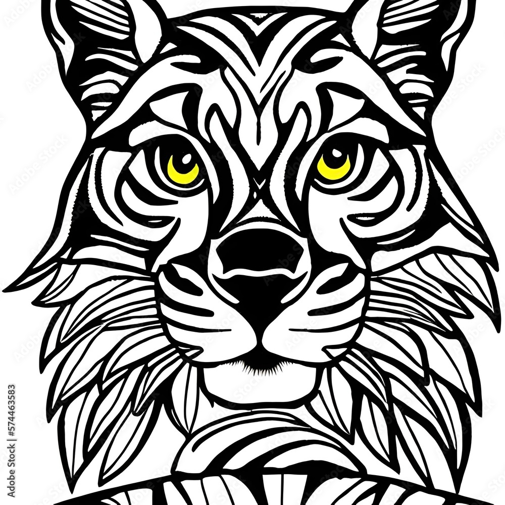 a black and white tiger face with yallow eyes
