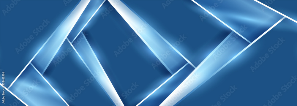 Fototapeta premium Abstract geometric wide metallic background with blue gradient lines and frame. Elegant blue color wide banner. Vector illustration