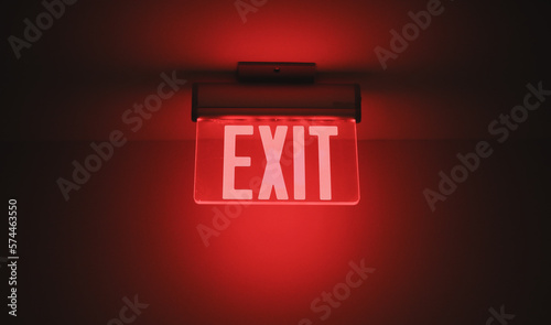 Hallway exit sign vibrant in corridor showing evacuation during emergency neon photo