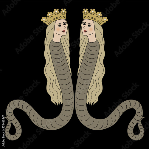 Symmetrical design with two fantastic female snakes in royal crowns. Medieval illuminated manuscript motif. Mythological creature. Lilith or Lamia. On black background.