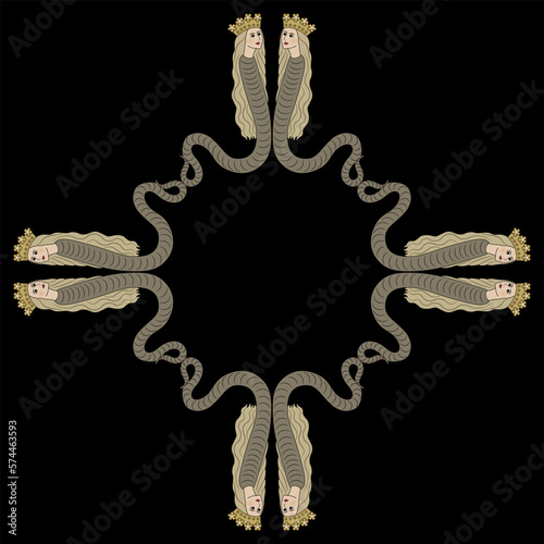 Geometrical ornament or frame with fantastic female snakes in royal crowns. Medieval illuminated manuscript motif. Mythological creature. Lilith or Lamia. On black background.