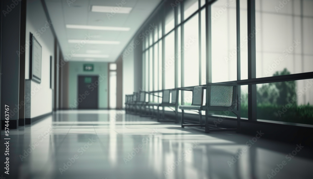Defocused and empty hospital lobby. Blurred of Hospital - ideal for presentation background. Generative AI