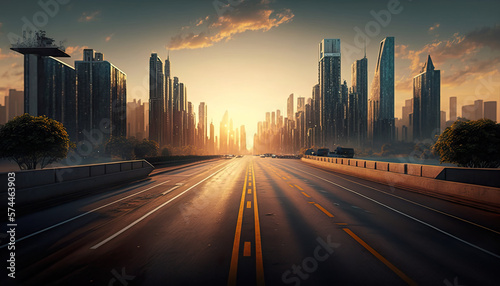 Empty road and city illustration, sun setting in the background. Generative AI