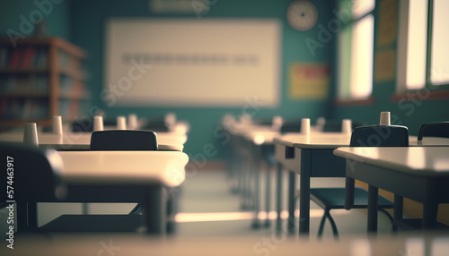 Blurred classroom  empty chairs  sunlight. Blurred of classroom - ideal for presentation background. Generative AI