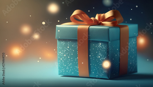 Blue holiday gift box or present with red bow ribbon against bokeh background.  Generative AI © Vagner Castro