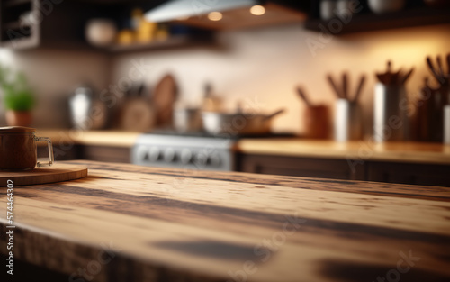 Wooden table over defocused empty kitchen. blurred kitchen utensils. Blurred of kitchen - ideal for presentation background. Generative AI