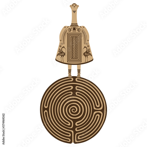 Ancient Greek figurine of a goddess standing on a round spiral maze or labyrinth symbol. Bell idol from Thebes, Boeotia. Creative mythological concept. Great Mother archetype. Ariadne.