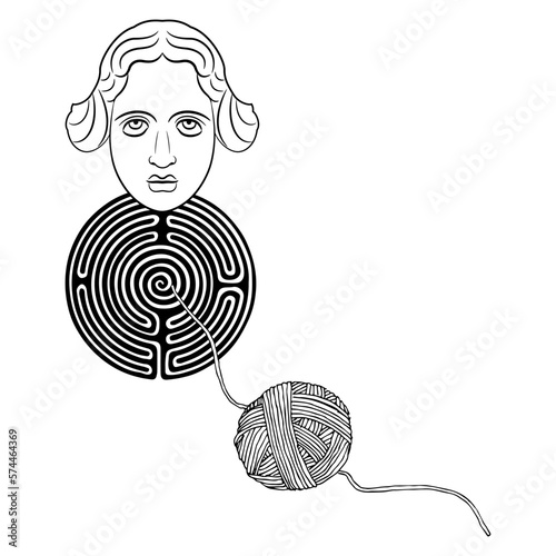 Round spiral maze or labyrinth symbol with a female head and a yarn ball. Ariadne's thread. Ancient Greek mythology. Black and white silhouette. photo