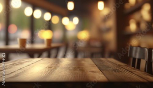 Wooden table over defocused empty restaurant. Blurred of restaurant - ideal for presentation background. Generative AI