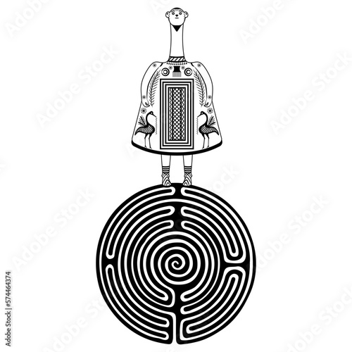 Ancient Greek figurine of a goddess standing on a round spiral maze labyrinth symbol. Bell idol from Thebes, Boeotia. Mythological concept. Great Mother archetype. Ariadne. Black and white silhouette.