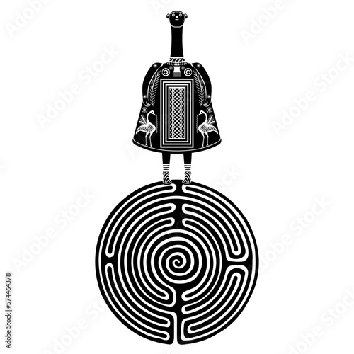 Ancient Greek figurine of a goddess standing on a round spiral maze labyrinth symbol. Bell idol from Thebes, Boeotia. Mythological concept. Great Mother archetype. Ariadne. Black and white silhouette.