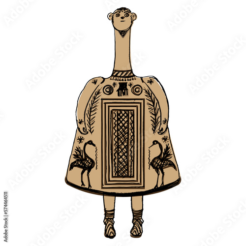 Bell idol from Thebes, Boeotia. Ancient Greek figurine of a goddess from Louvre. Hand drawn colorful sketch.