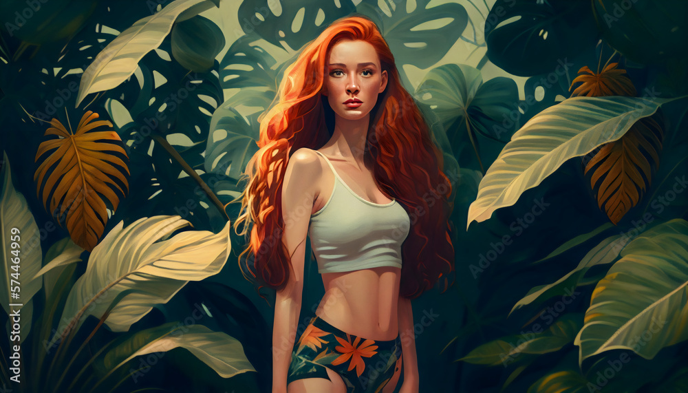 A beautiful girl and background is tropical plant, Generative AI, Generative, AI