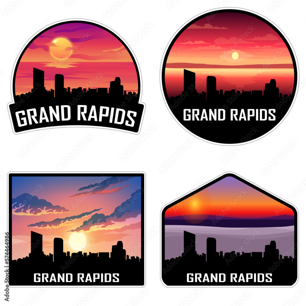 Grand Rapids Michigan USA Skyline Silhouette Retro Vintage Sunset Grand Rapids Lover Travel Souvenir Sticker Vector Illustration SVG EPS AI