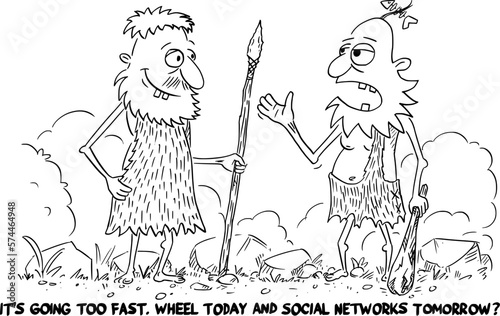 Business or Political Cartoon About Cavemen Talking About Technology Social Networks, Vector Illustration