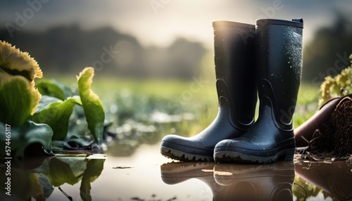 Black rubber boots stand in a puddle in the garden photo