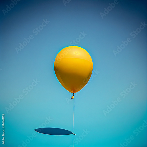 A single yellow balloon soaring high in the clear blue sky.