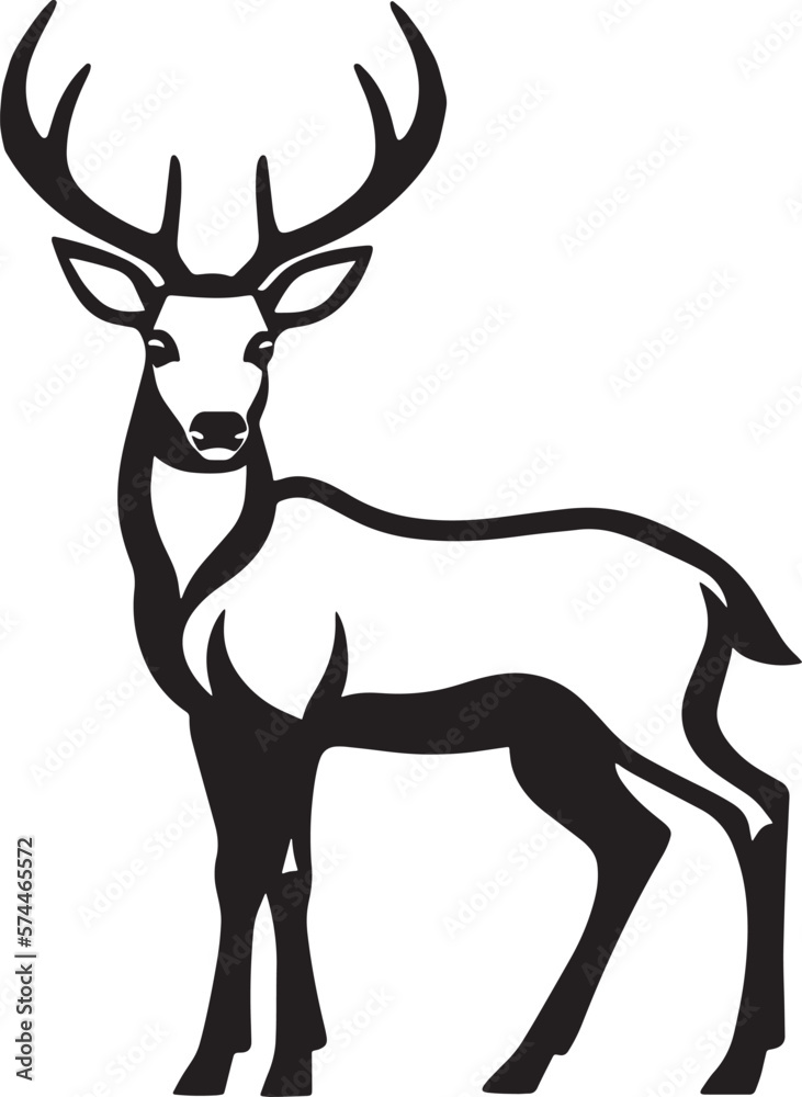 Fototapeta premium Deer, elk or caribou. A noble animal with horns. Monochrome, black and white illustration