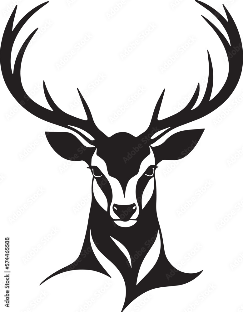 Naklejka premium Deer, elk or caribou. A noble animal with horns. Monochrome, black and white illustration