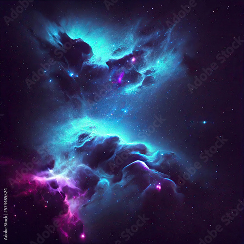 Abstract blue, mint, and purple background with interlaced smoke glitch and distortion effect. Futuristic cosmos design. Generative AI