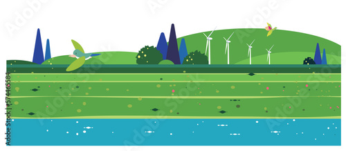 緑の草原と川や森の風景に風力発電が建つ