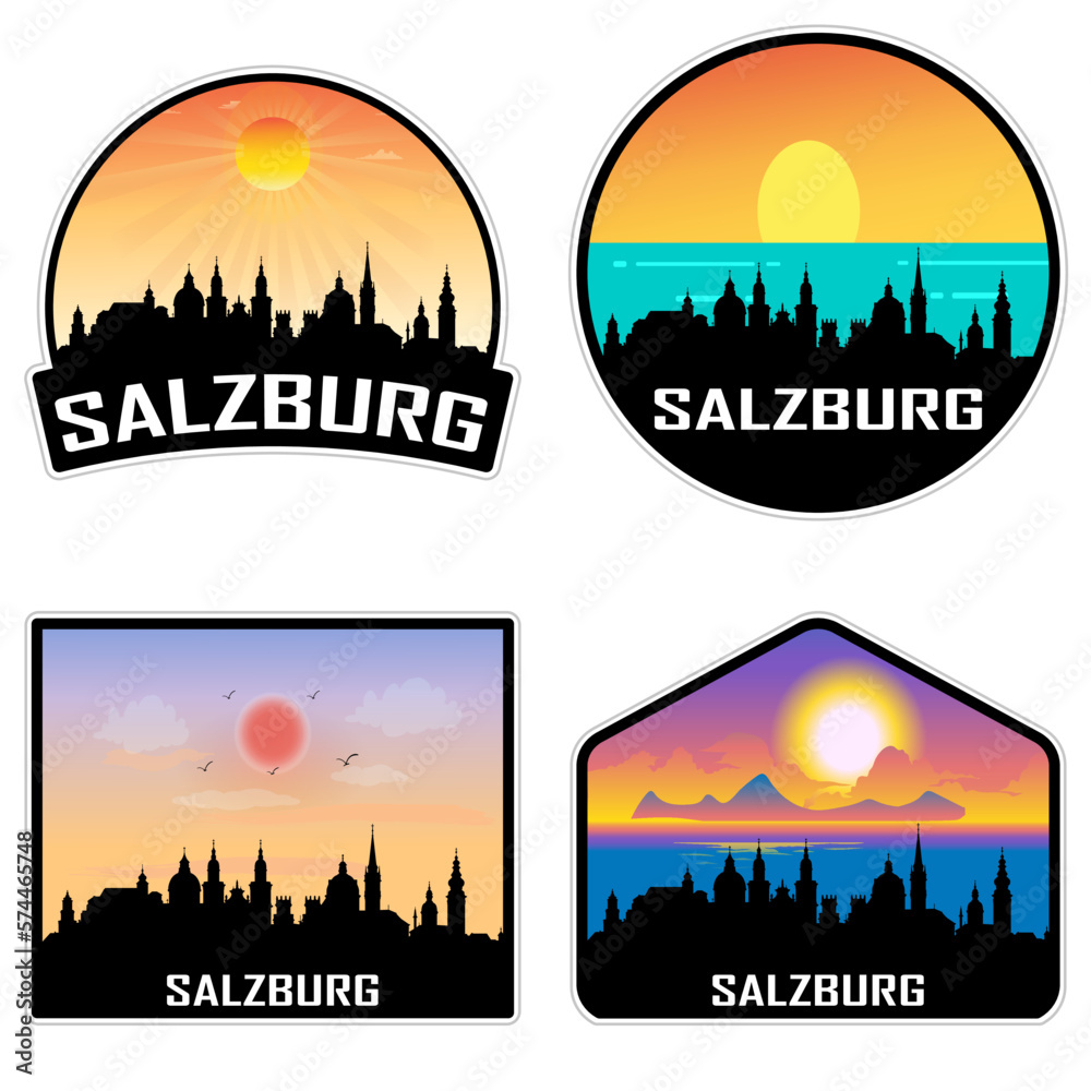 Salzburg Austria Skyline Silhouette Retro Vintage Sunset Salzburg Lover Travel Souvenir Sticker Vector Illustration SVG EPS AI