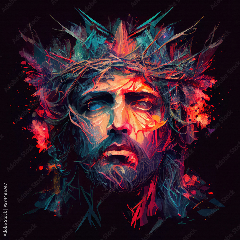 Fototapeta premium Abstract portrait of Jesus Christ wearing a crown of thorns. Generative ai