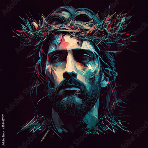 Abstract portrait of Jesus Christ wearing a crown of thorns. Generative ai