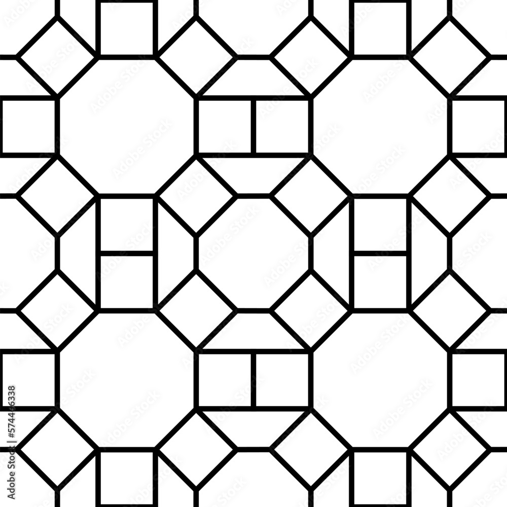Seamless monochrome vector graphic of a mosaic pattern of octagons and squares Seamless monochrome vector graphic of a mosaic pattern of octagons and squares