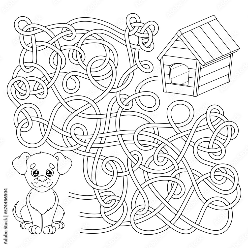 Game labyrinth, kids logic puzzle with cartoon dog. Maze for ...