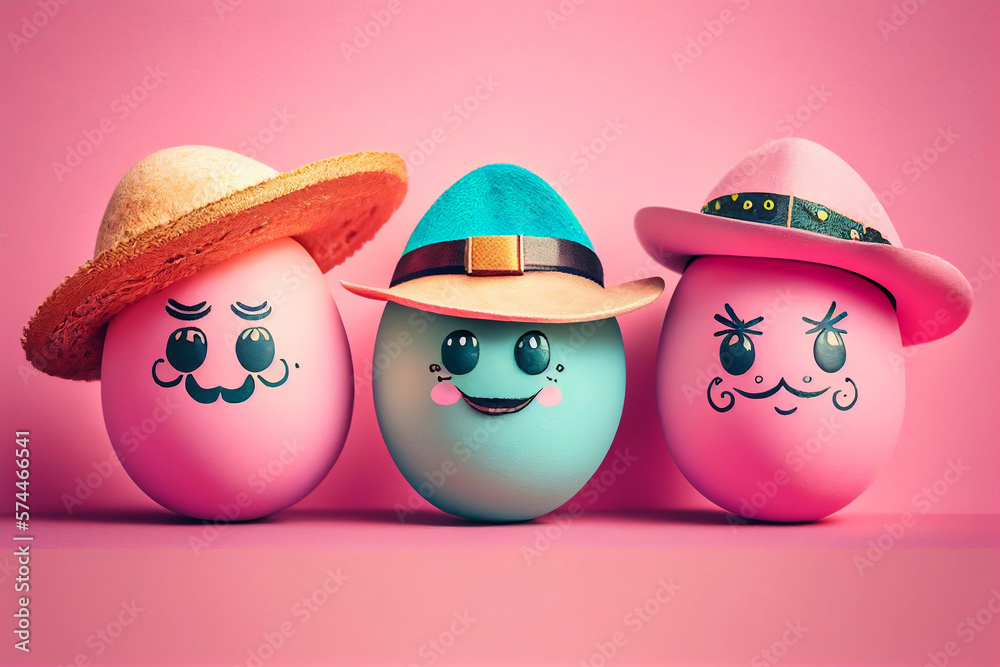 Funny Easter eggs with hats and drawn faces on pink background. Illustration AI